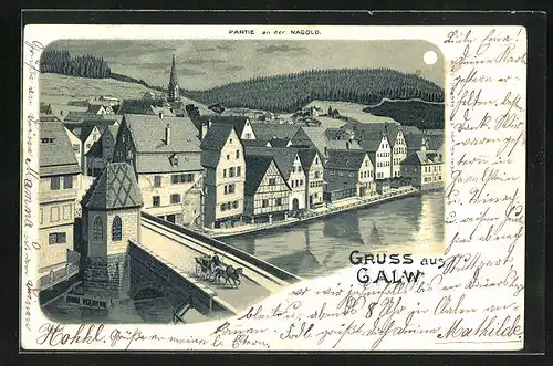 Lithographie Calw, Partie an der Nagold mit Pferdewagen bei Mondschein