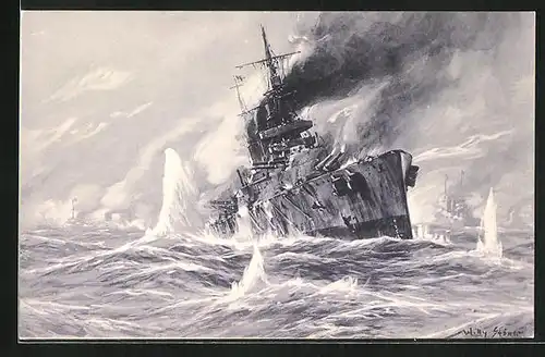 Künstler-AK Willy Stoewer: Vernichtung eines englischen Schlachtkreuzers in der Nordsee