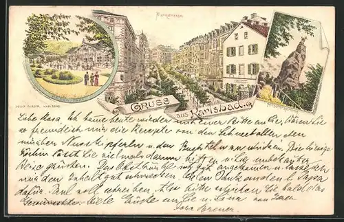 Lithographie Karlsbad, Parkstrasse, Hirschensprung, Kaiser-Park