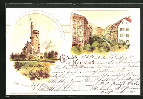 Lithographie Karlsbad, Parkstrasse, Stephaniewarte