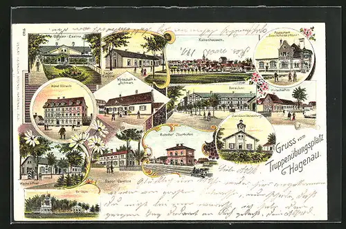 Lithographie Hagenau, Truppenübungsplatz, Gasthaus zum Schwan, Hotel Hirsch