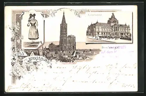 Lithographie Strassburg, Elsässerin, Kaiserpalast