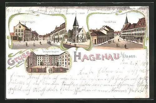 Lithographie Hagenau, Kaiserl. Postamt, Parade-Platz, Dragoner-Kaserne