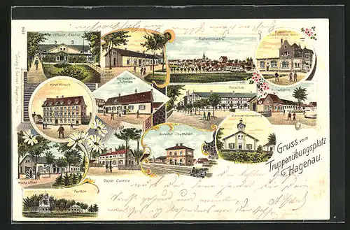 Lithographie Hagenau, Hotel Hirsch, Gasthaus zum Schwan, Bahnhof-Oberhofen, Wache & Post