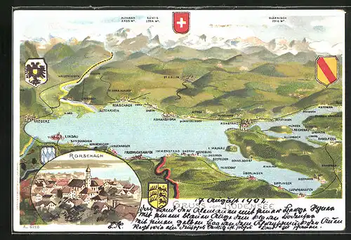 Lithographie Rorschach, Karte vom Bodensee mit grösseren Städten und Orte, Wappen