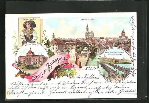 Lithographie Strassburg, Kaiserpalast, Neue Rheinbrücke und Eisenbahnbrücke