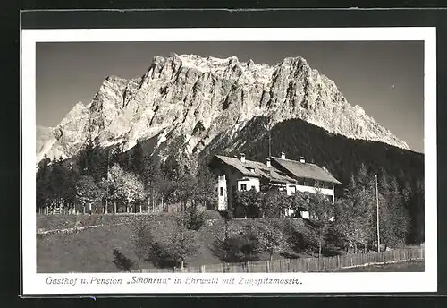 AK Ehrwald, Gasthof u. Pension Schönruh mit Zugspitzenmassiv