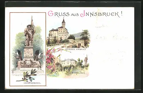 Lithographie Innsbruck, Hofer-Denkmal, Berg Isel, Schloss Ambras