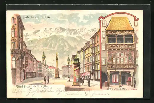 Lithographie Innsbruck, Maria Theresienstrasse mit Bergpanorama, Goldenes Dachl