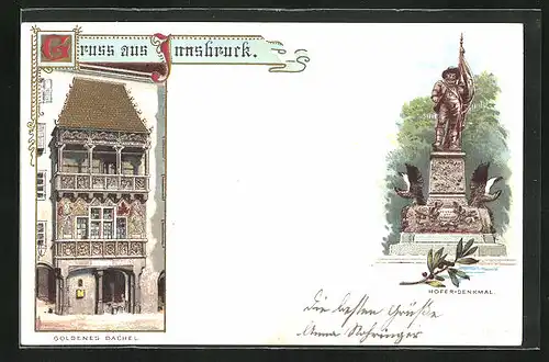 Lithographie Innsbruck, Goldenes Dachl, Hofer-Denkmal