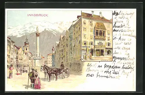 Lithographie Innsbruck, Strassenpartie mit Denkmal, Goldenes Dachl