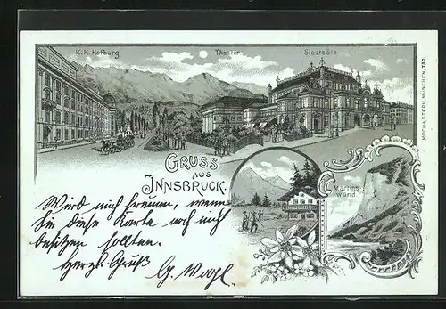 Mondschein-Lithographie Innsbruck, Stadtsäle, K. k. Hofburg, Theater, Martinswand