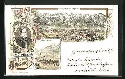 Lithographie Innsbruck, Schloss Ambras, Totalansicht vom Berg Isel, Philippine Welser