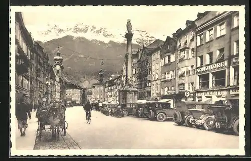 AK Innsbruck, Maria - Theresienstrasse mit Nordkette, Automobile