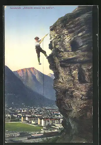 AK Innsbruck, Bergsteiger an einem Felsen bei der Stadt