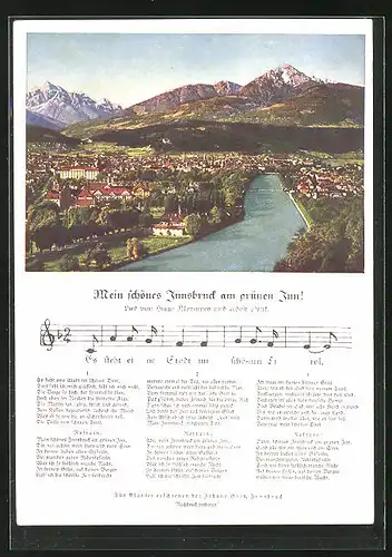 AK Innsbruck, Blick auf die Stadt, Lied Mein schönes Innsbruck am grünen Inn