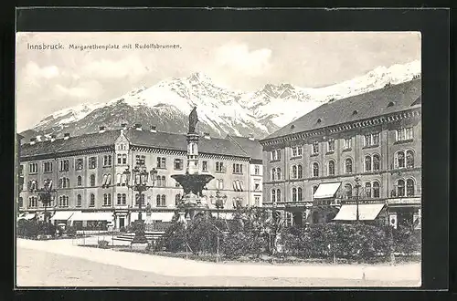 AK Innsbruck, Margarethenplatz mit Geschäften & Rudolfsbrunnen