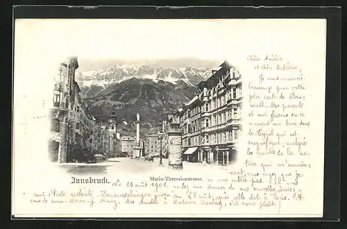 Präge-AK Innsbruck, Maria-Theresienstrasse mit Geschäft, Litfasssäule und Denkmal