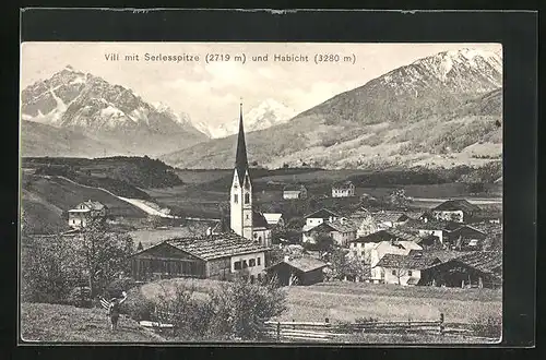 AK Vill, Teilansicht mit Kirche, Serlesspitze und Habicht