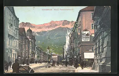 AK Innsbruck, Maria Theresienstrasse mit Hauswandwerbung für Klaviergeschäft S. A. Reiss