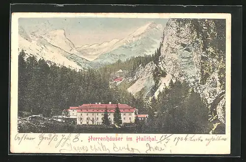 AK Absam, Herrenhäuser im Halltal mit Gebirge