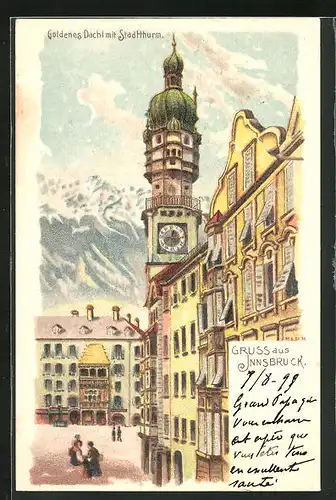 Lithographie Innsbruck, Goldenes Dachl mit Stadtthurm