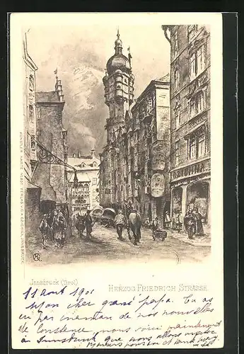 Künstler-AK Innsbruck, Herzog Friedrich Strasse mit Turm