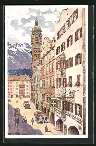 Künstler-AK Innsbruck, Gasthof und Weinhaus Weisses Kreuz, Herzog-Friedrich-Strasse 31