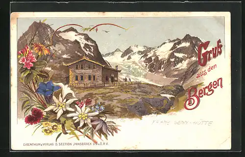 Lithographie Franz Senn-Hütte, Bergkulisse, Blumen