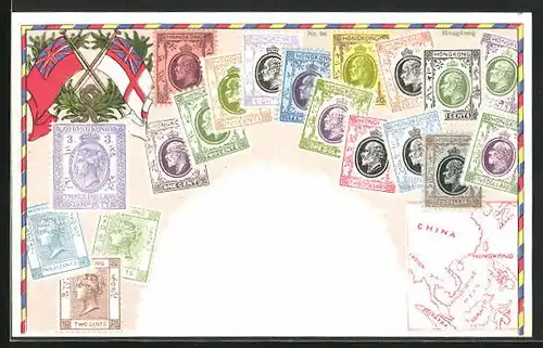 AK Hong Kong, Briefmarken aus China, Flaggen