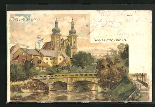 Lithographie Donaueschingen, Schützenbrücke mit Kirche