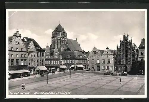 AK Greifswald, Markt mit Marienkirche