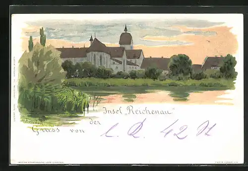 Lithographie Insel Reichenau, Idylle mit Kirchturm