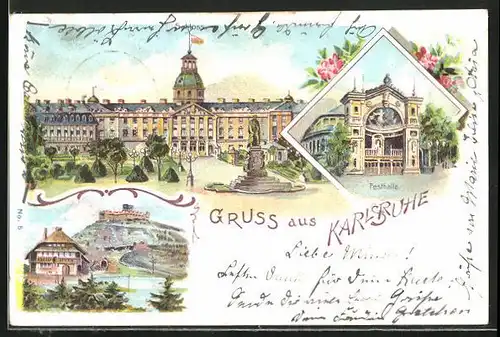 Lithographie Karlsruhe, Festhalle, Schloss