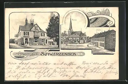 Künstler-AK Schwarzenbek, Post, Kirche, Schule