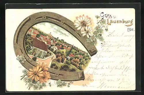 Passepartout-Lithographie Lauenburg /Elbe, Teilansicht vom Schlossturm aus, Hufeisen