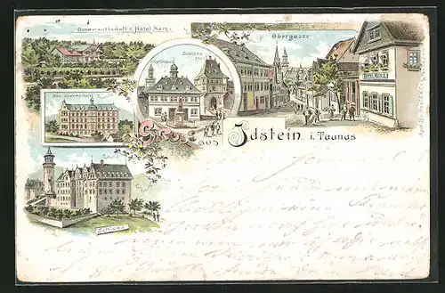 Lithographie Idstein i. T., Hotel Merz, Obergasse, Schloss