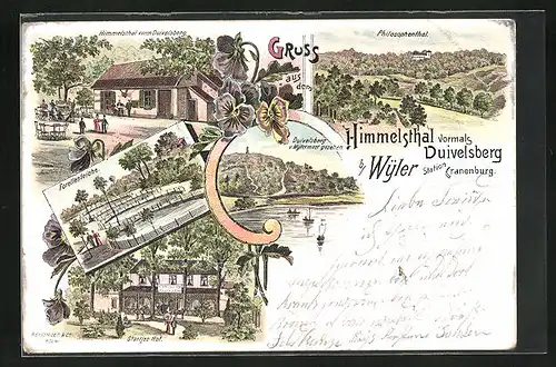Lithographie Kranenburg, Gasthaus Himmelsthal, Philosphental, Forellenteich