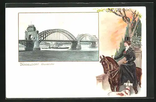 Passepartout-Lithographie Düsseldorf, Rheinbrücke, Dame mit Zylinder zu Pferd