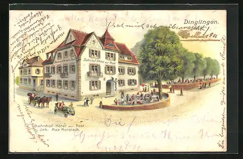 Lithographie Dinglingen, Bahnhofhotel zur Post mit Gästen