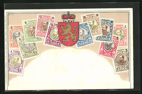 AK Bulgarien, Briefmarken und Landeswappen