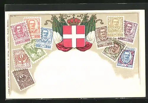 AK Italien, Briefmarken und Wappen