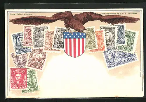 AK USA, Briefmarken und Landeswappen