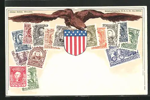 AK USA, Briefmarken und Landeswappen