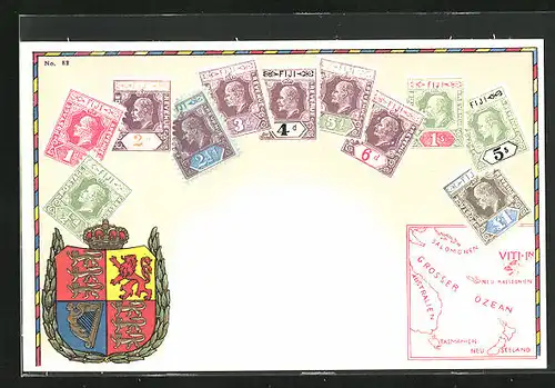 AK Fiji, Briefmarken, Wappen und Landkarte