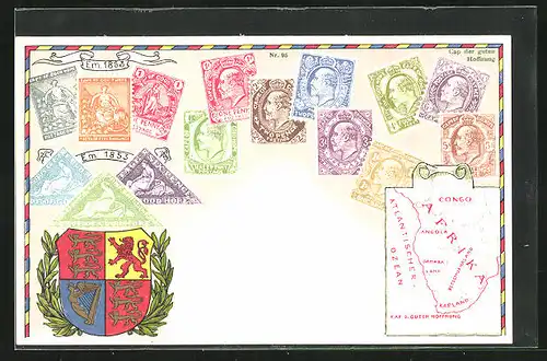 AK Südafrika, Briefmarken, Wappen und Landkarte