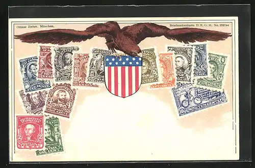 AK USA, Briefmarken und Wappen