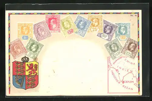 AK Ceylon, Briefmarken, Wappen und Landkarte