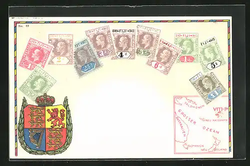 AK Fiji, Briefmarken, Wappen und Landkarte