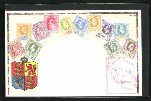 AK Ceylon, Briefmarken, Wappen und Landkarte
